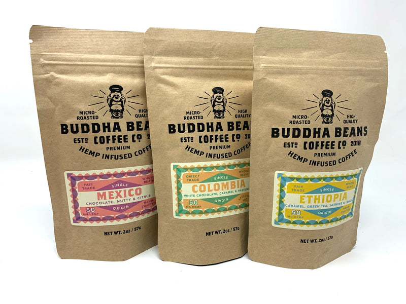 Buddha Beans Coffee Five Coffee Flight - Organic Mexico/Colombia/Ethiopia/Burundi/Decaf Colombia